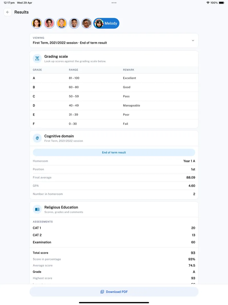 The Minerva parent app on iPad: a child’s results